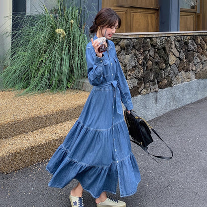 【ワンピース】高級感レトロ  デニム 長袖シャツワンピース 人気 ウエストマーク ロングワンピース【JZシリーズ】