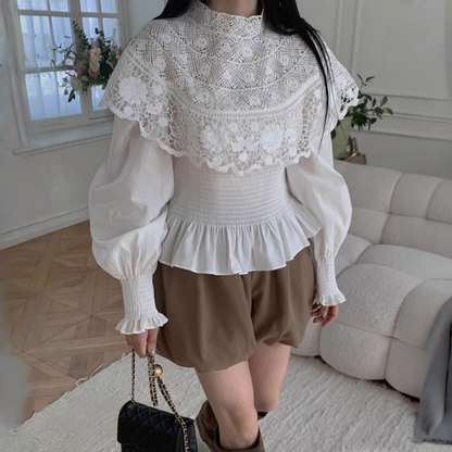 【トップス】春 秋 冬 フレンチ宮廷風 レース 刺繍 ギャザー シャツ 【JZシリーズ】
