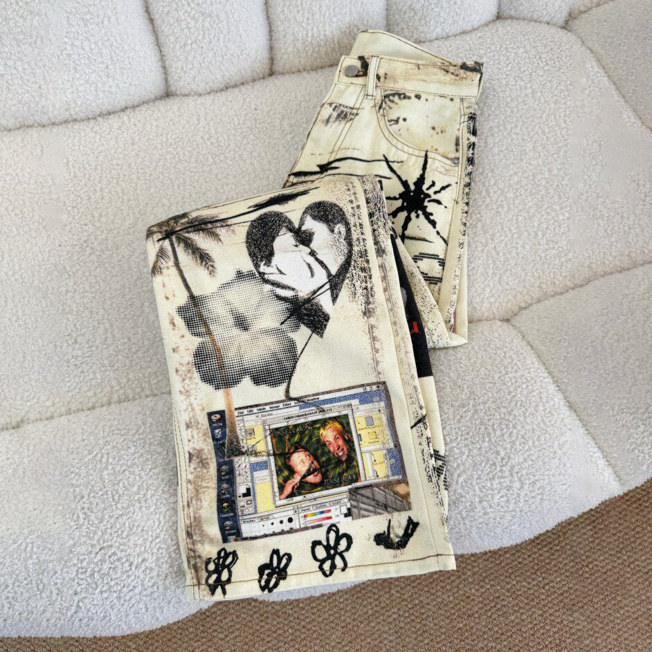 【ボトムス】アメリカンストリート ヴィンテージ加工 グラフィティプリント ウォッシュド ワイドデニムパンツ ユニセックス【SHシリーズ】