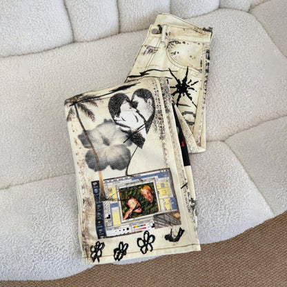 【ボトムス】アメリカンストリート ヴィンテージ加工 グラフィティプリント ウォッシュド ワイドデニムパンツ ユニセックス【SHシリーズ】