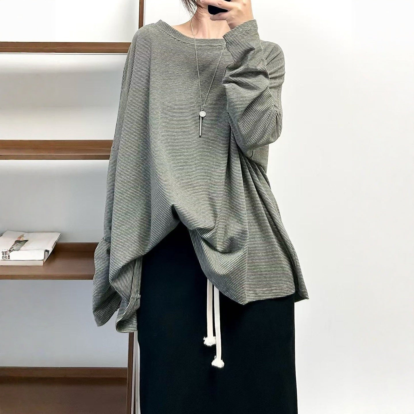 【トップス】クラシック 細ボーダー オーバーサイズ 長袖Tシャツ 【FCシリーズ】