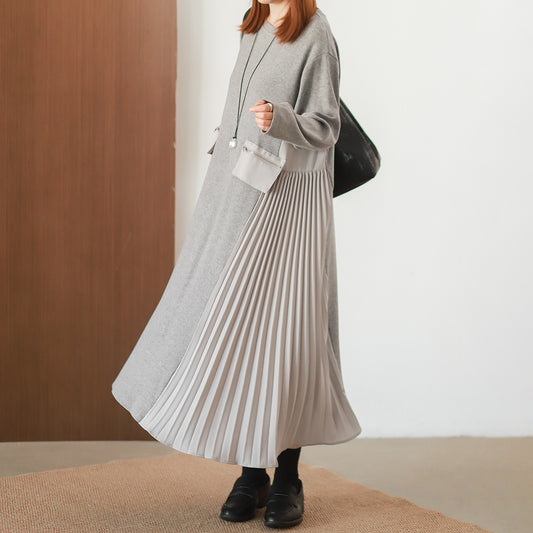 【ワンピース】秋新作 カジュアル 長袖ワンピース プリーツ サイド切替 ゆったり レディース【JZシリーズ】