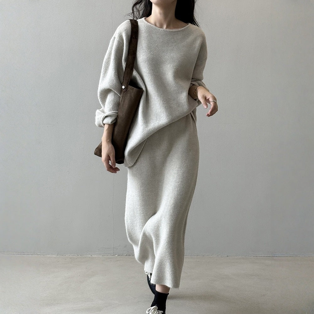 【セットアップ】春 秋 冬 ラウンドネック セーター + 着痩せ効果 スカート 2点上下セット 【SNシリーズ】