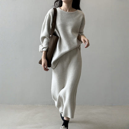 【セットアップ】春 秋 冬 ラウンドネック セーター + 着痩せ効果 スカート 2点上下セット 【SNシリーズ】