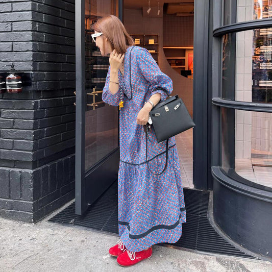 【ワンピース】フレンチレトロ プリント切り替え ランタンスリーブ 長袖ワンピース 初秋向け ゆったりロング丈【SHシリーズ】
