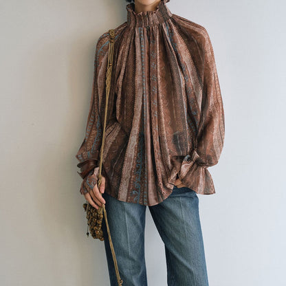 【トップス】新作 レディース ハイネック 花柄 シャーリング ブラウス フリル デザイン 春秋コーデ トレンド【SHシリーズ】