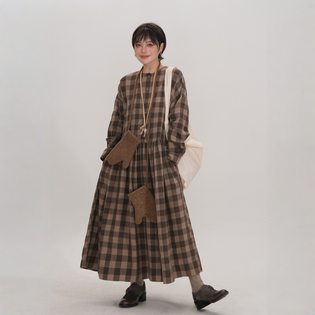 【ワンピース】春 秋 冬  チェック柄 ゆるリラックス ラウンドネック【JZシリーズ】