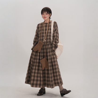 【ワンピース】春 秋 冬  チェック柄 ゆるリラックス ラウンドネック【JZシリーズ】
