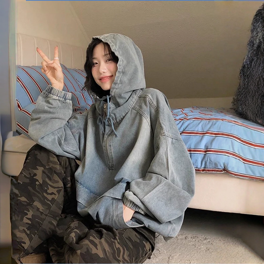 【トップス】春 秋 冬 ハーフジップ ビッグポケット フード付き デニム パーカー 【JZシリーズ】