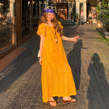 【ワンピース】オフショルダー ワンピース レディース 2026夏 透かし編み 半袖 ロング丈 ゆったり 着痩せ 大きいサイズ フェミニン【JZシリーズ】