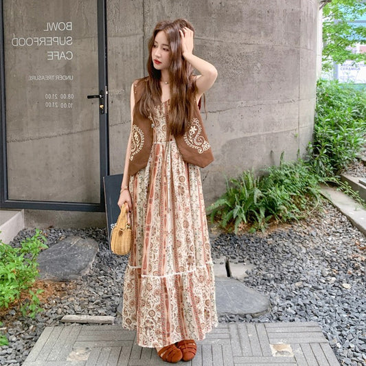 2点セット！【セットアップ】夏に映えるシンプル＆ナチュラル 民族風ベスト付き花柄ワンピースセットアップ 【SHシリーズ】