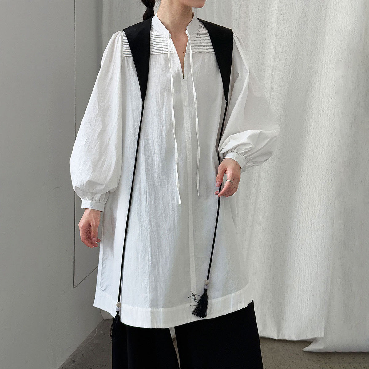 【ワンピース】韓国風 ゆったり感 リボン 長袖ワンピース レディース 初秋新作 バルーンスリーブ ミニ丈【JZシリーズ】