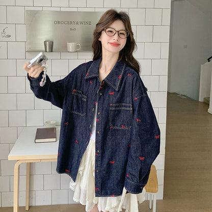 【アウター】上品刺繍入り デニムシャツ ブルー 2026春新作 レディース ゆったり レイヤードカーディガン【SHシリーズ】