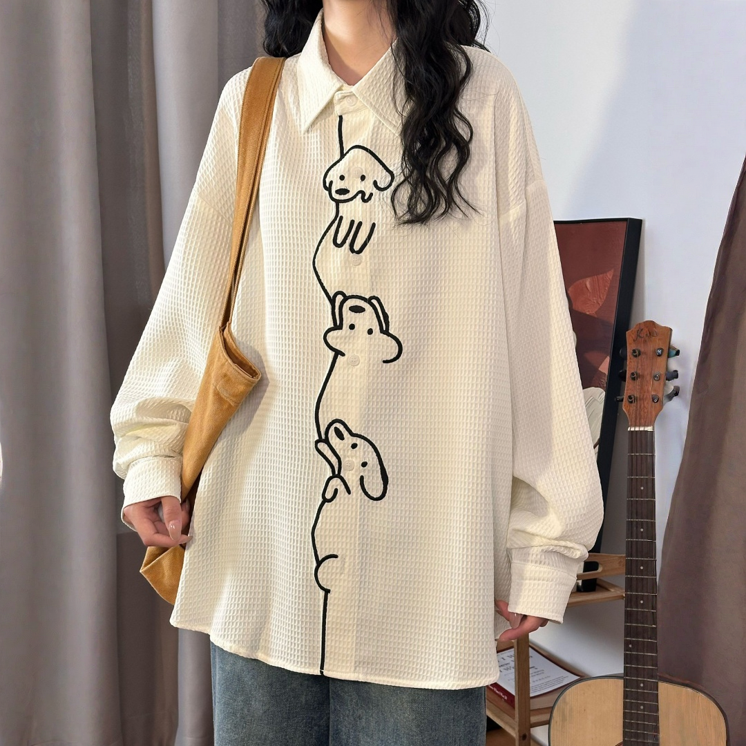 【🐶木登りわんちゃん】【トップス】 刺繍 ワッフル生地 男女兼用 長袖 シャツ 【FCシリーズ】