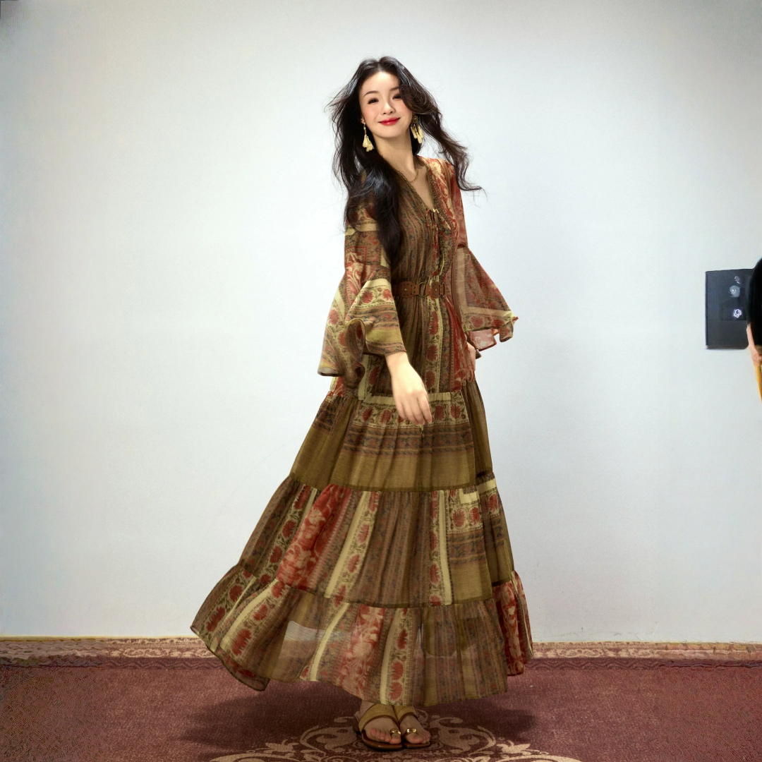 【ワンピース】春 秋 夏 ジプシーガール風 デザイン感 フレアシルエット 長袖 ワンピース 【SHシリーズ】