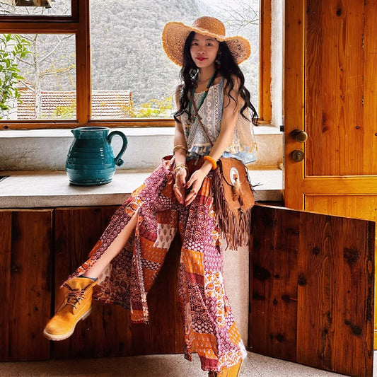 【単品注文】【セットアップ】夏新作 民族風タンクトップ＋花柄ハイウエストスリットワイドパンツ 上下セット【SHシリーズ】