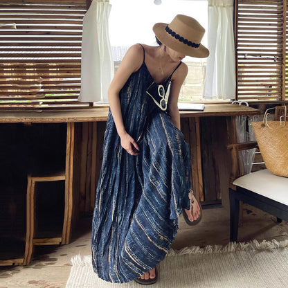 【ワンピース】レトロ シフォンワンピース 夏 ノースリーブ ドレープ感  ゆったり 着痩せ リゾートドレス【SHシリーズ】