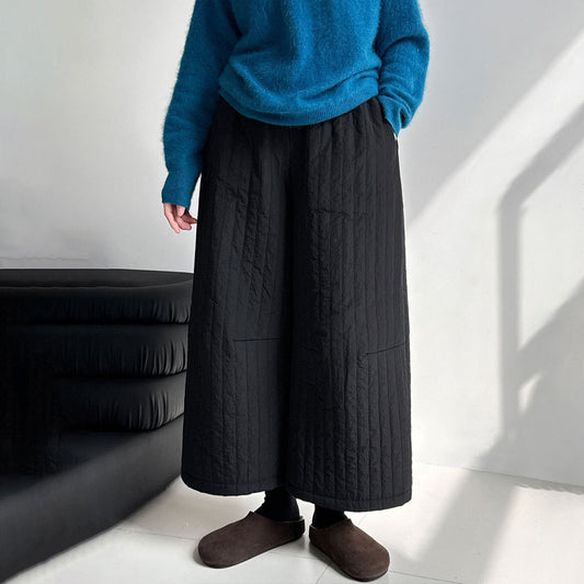 【ボトムス】韓国風 ストライプ キルティング パンツ レディース 秋冬 保温 九分丈 ワイドパンツ【JZシリーズ】