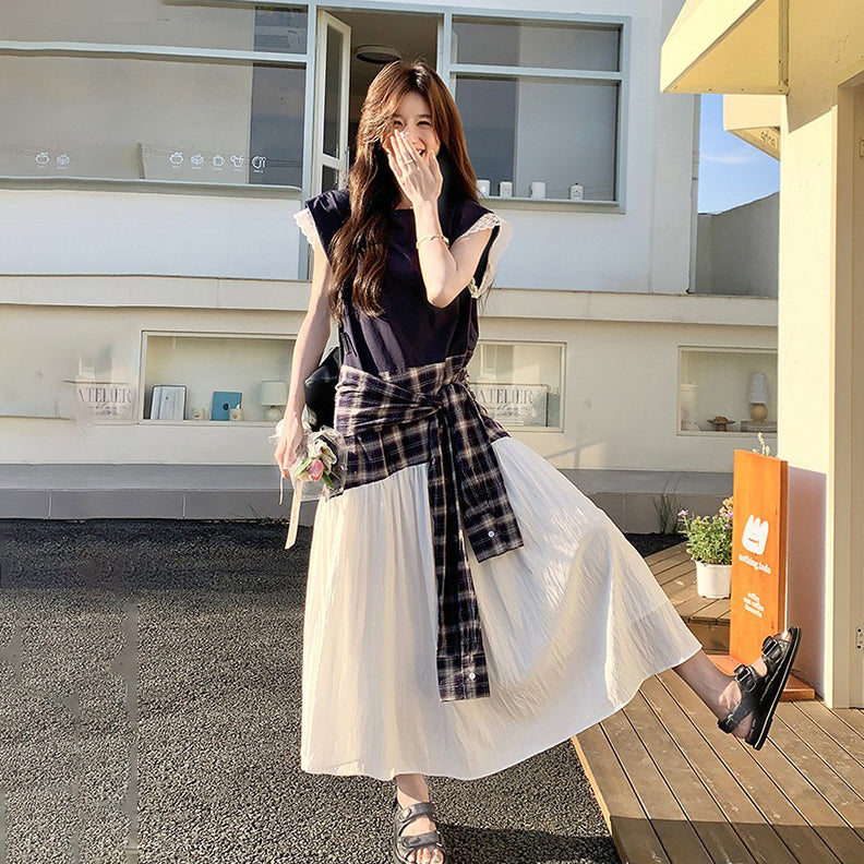 【ワンピース】夏 韓国風カジュアルな雰囲気コーデ チェック柄×レース切り替え ノースリーブワンピース【SHシリーズ】