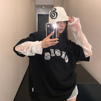 【トップス】ゆるかわ 春秋 リラックス感 レイヤード風 レース袖 長袖Tシャツ レディース【FCシリーズ】