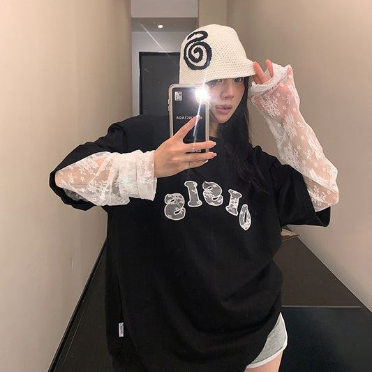 【トップス】ゆるかわ 春秋 リラックス感 レイヤード風 レース袖 長袖Tシャツ レディース【FCシリーズ】