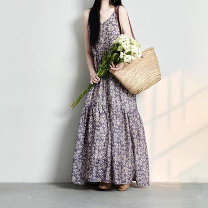 【ワンピース】花柄リネンワンピース レディース 夏 キャミワンピース ボヘミアン風 ノースリーブ ロング丈 リゾート【SHシリーズ】