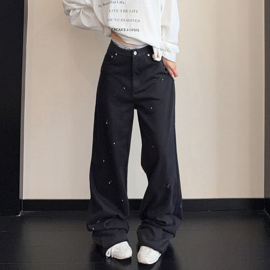 【ボトムス】ペイント加工ストレートパンツ レディース 秋新作 ウォッシュ加工 レトロ こなれ感【FCシリーズ】