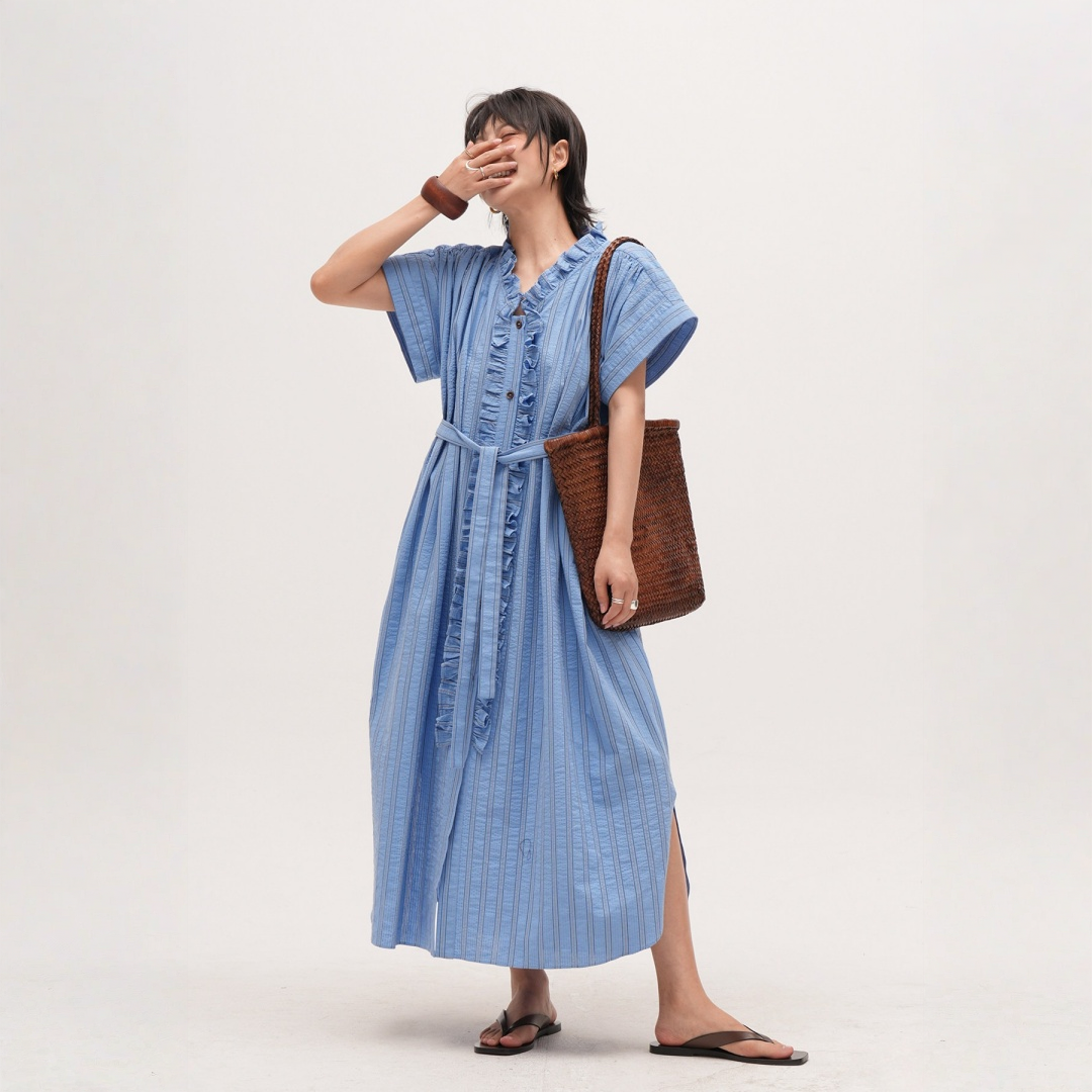 【ワンピース】【15～20日内発送】ノースリーブ  ストライプ フリルカラー リボン付き ウエストマーク ワンピース 【JZシリーズ】