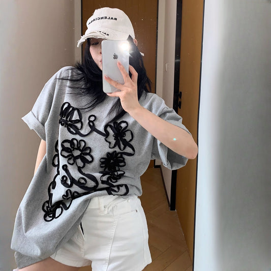 【トップス】夏 フラワーワッペン刺繍 コットン Tシャツ 【FCシリーズ】