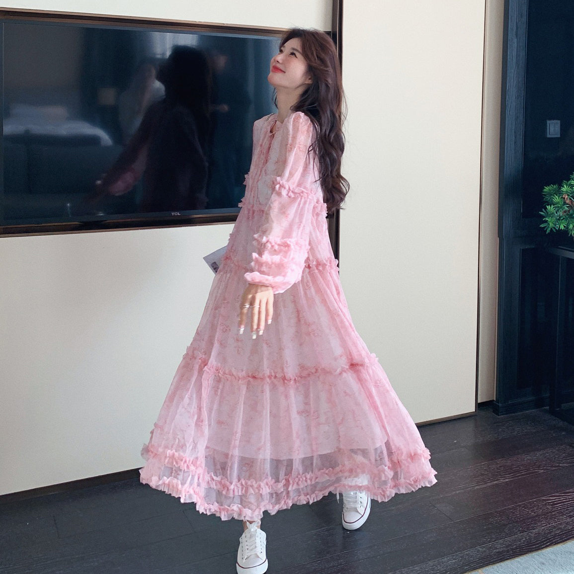 【ワンピース】透かし編み 水墨画風花柄長袖ワンピース レディース 春秋 トレンド 超可愛い【SHシリーズ】