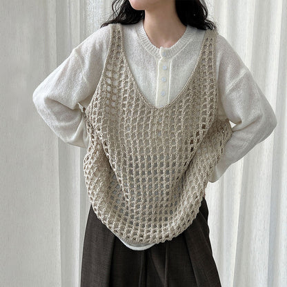 【トップス】ウール混 透かし編み ニットベスト｜Vネック×レイヤードに最適な秋トップス【JZシリーズ】
