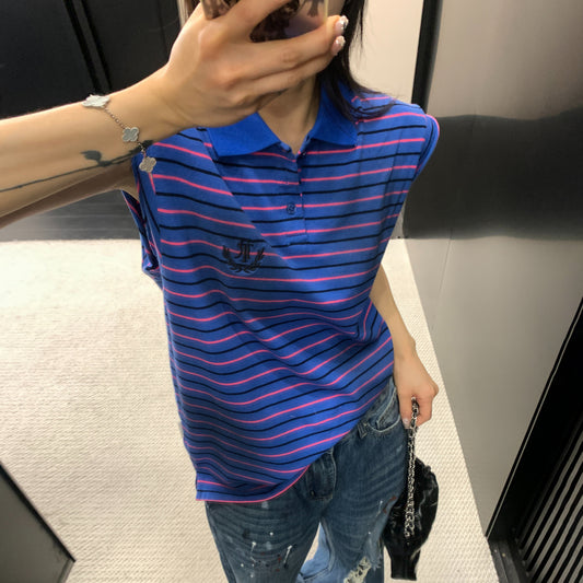 【トップス】アメリカンレトロ ボーダー柄 ポロカラーノースリーブTシャツ レディース カジュアル ストリート系 こなれ感【FCシリーズ】