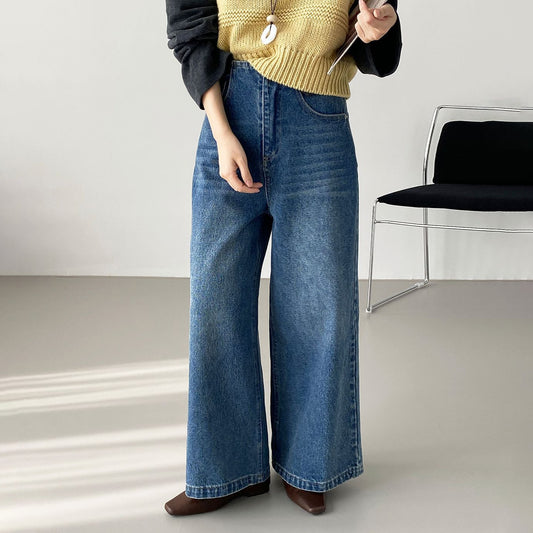 【ボトムス】九分丈 デニムパンツ レディース ヴィンテージウォッシュ ワイドストレート 韓国風 シンプル着回し【JZシリーズ】