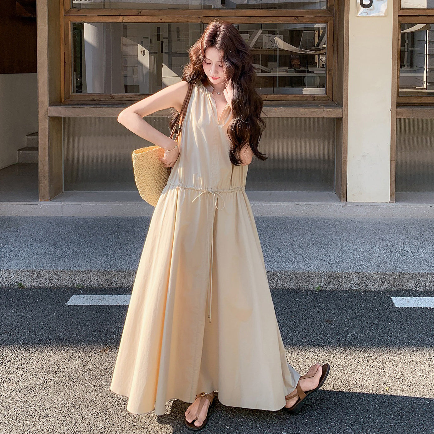 【ワンピース】Vネック ノースリーブ ワンピース レディース 夏新作 2026 きれいめ 体型カバー ロングワンピース【SHシリーズ】