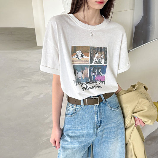 【トップス】犬プリントTシャツ レディース 夏新作 半袖 ゆったり カジュアル カップルコーデ【JZシリーズ】