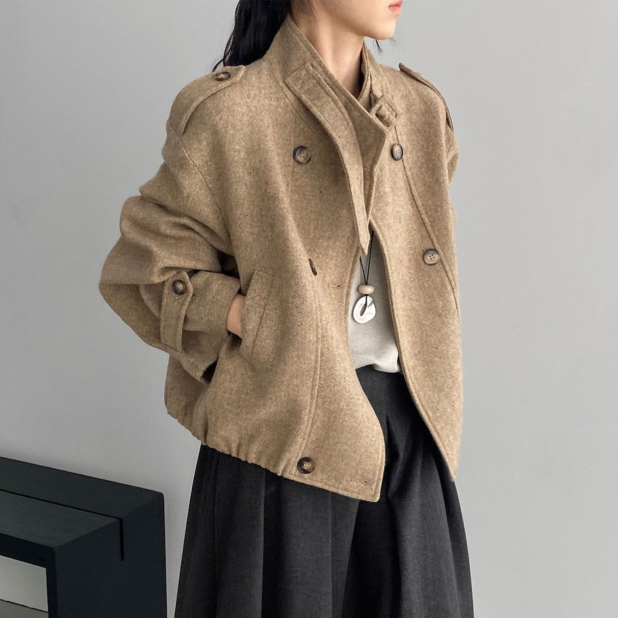 【アウター】秋冬 韓国風 ヴィンテージ感 ウールコート レディース 立ち襟 ジャケット【JZシリーズ】