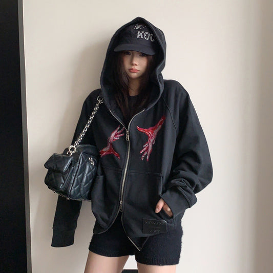 【アウター】ヴィンテージ加工刺繍ショートフードジャケット レディース 秋新作 アメカジ レトロ カジュアル【FCシリーズ】