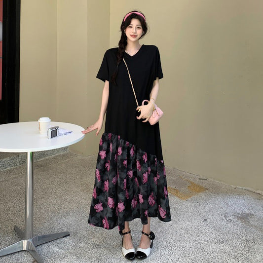【ワンピース】体型カバー力抜群✨ローズ花柄 ワンピース 半袖 ロング丈 切り替え ゆったり 大きいサイズ 夏ワンピ【SHシリーズ】