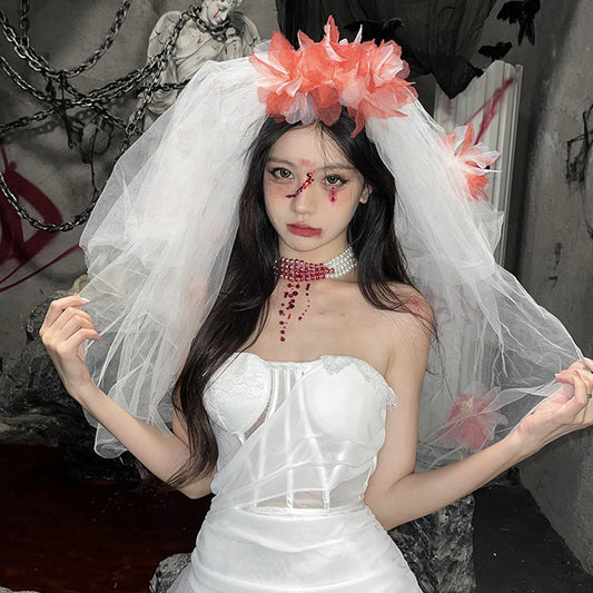 【ハロウィン】血染のマリア ダブルレイヤー血花ベール 鬼花嫁風 コスプレヘッドドレス