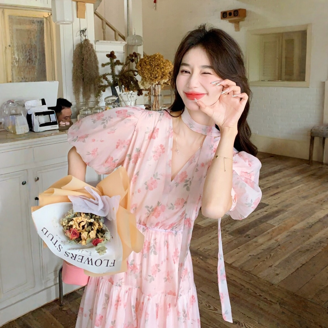 【ワンピース】スウィート フレンチ風 パフスリーブ フェミニンスタイル 半袖 初恋風ロングワンピース 【SHシリーズ】