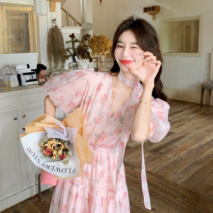 【ワンピース】スウィート フレンチ風 パフスリーブ フェミニンスタイル 半袖 初恋風ロングワンピース 【SHシリーズ】