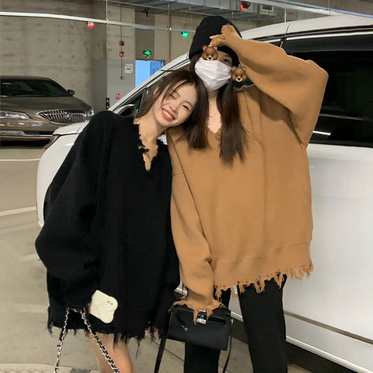 【トップス】ふんわり柔らか♪ 韓国風 ルーズ ニットセーター レディース 秋冬 ゆったりVネック プルオーバー【JZシリーズ】