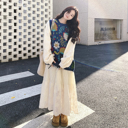 2点セット！【セットアップ】ニットベスト+ワンピース セット レディース 春秋 大人気 レースジャカード ロングワンピース【SHシリーズ】