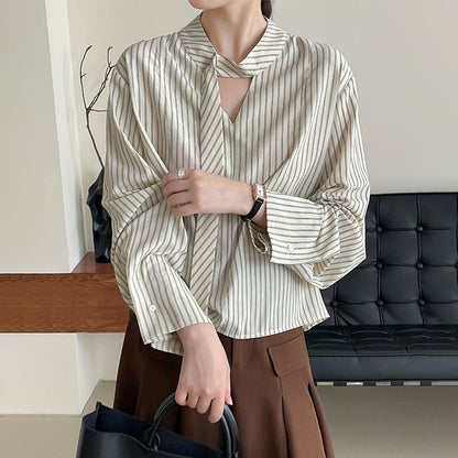 【トップス】韓国系上品デザイン ストライプ柄ボウタイシャツ 長袖シャツ【JZシリーズ】