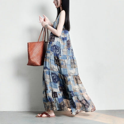 【ワンピース】コットンリネン 抽象柄プリント ゆったりした ノースリーブワンピース 【SHシリーズ】