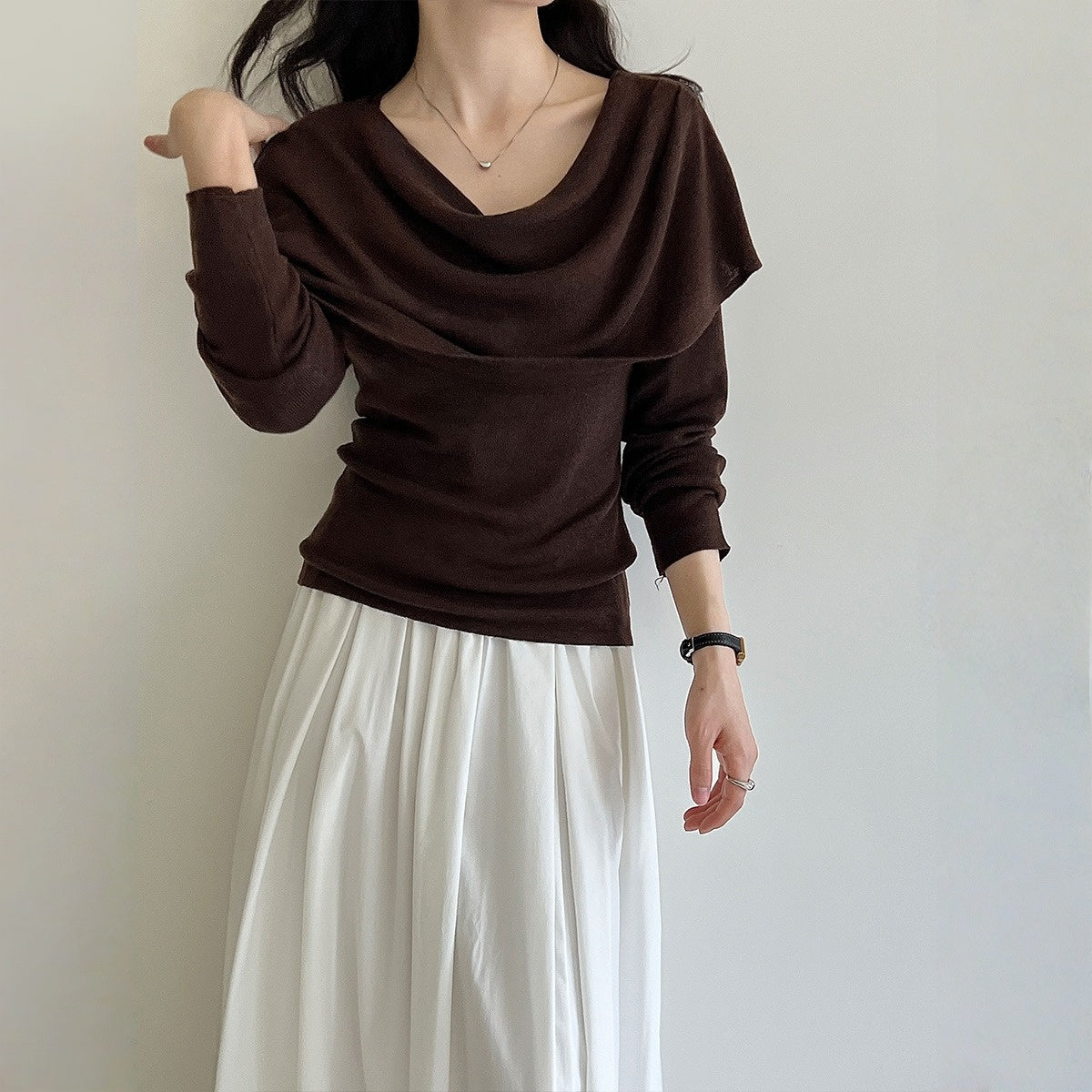 【ワンピース】春 秋 冬 スリムフィット ドレープネック ニット + ショール 2点セットアップ 【JZシリーズ】