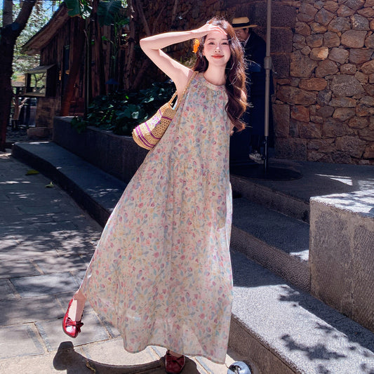 【ワンピース】キャミワンピース レディース フラワープリント ホルターネック リゾート風 ロング丈 夏新作【SHシリーズ】