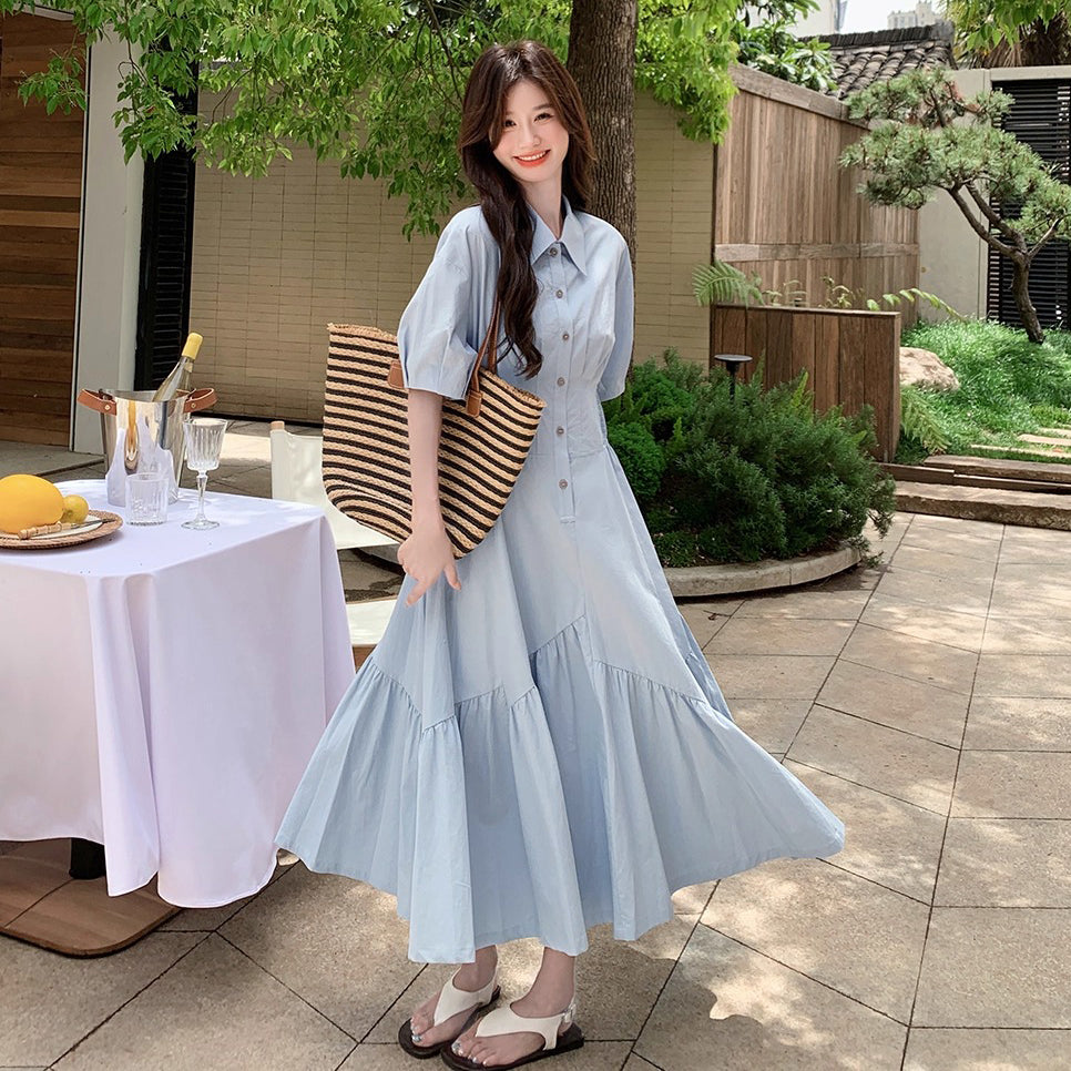 【ワンピース】韓国風 甘めポロ襟マーメイドワンピース 夏 ロング 半袖シャツワンピース【JZシリーズ】