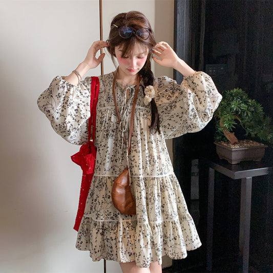 【ワンピース】フレンチ気質 花柄長袖ワンピース レディース 春秋 若見え 可愛い 清楚 ガーリースタイル【SHシリーズ】