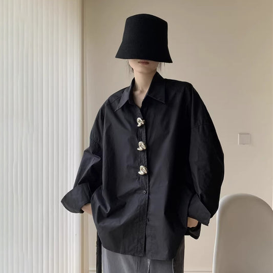 【トップス】ヨーロッパ風 オーバーサイズ ヒップカバー シャツ 高級感 メタルボタンブラウス レディース【JZシリーズ】
